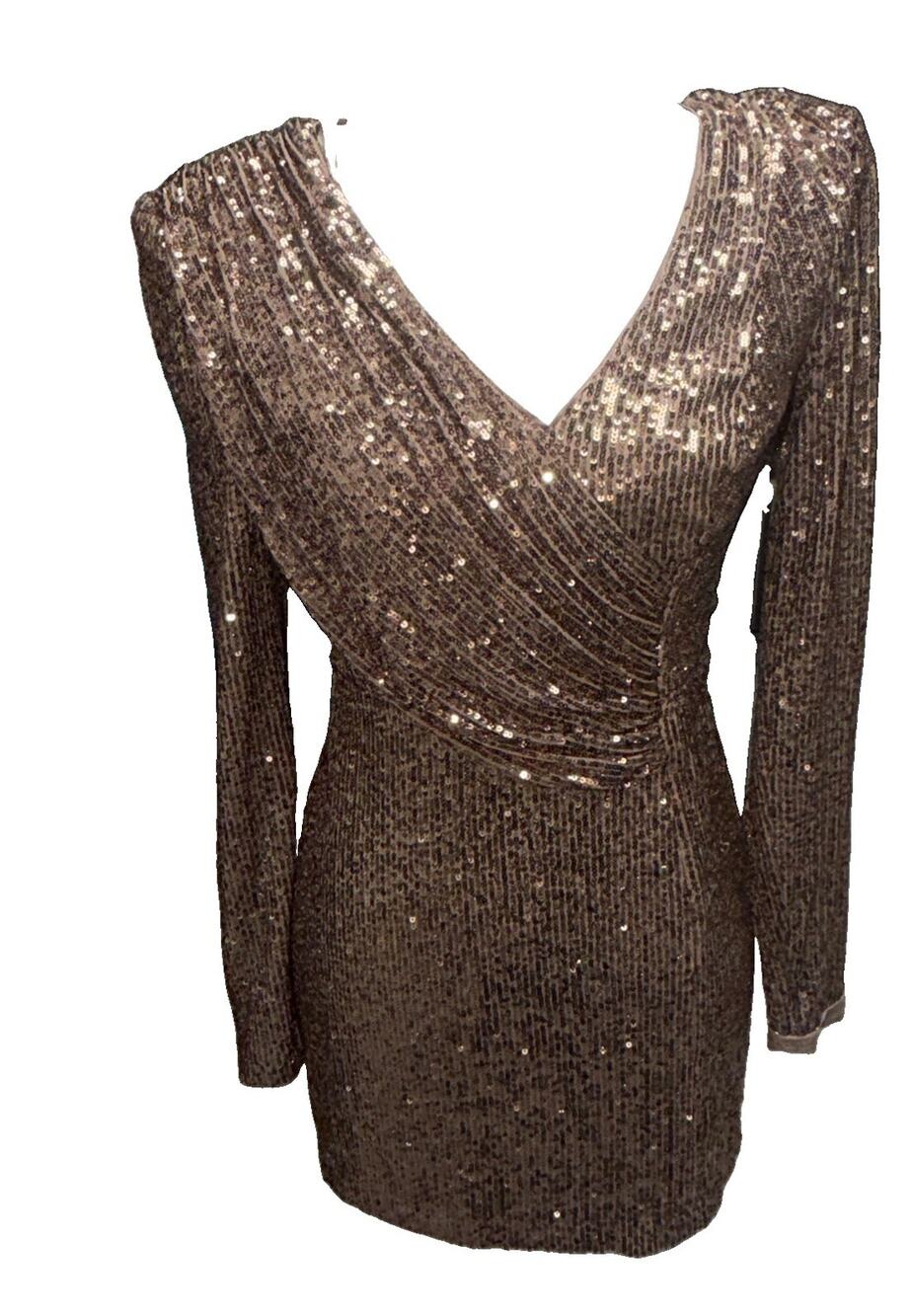 Eliza J Bronze Sequin Long Sleeve Ruched Wrap Neck Mini Cocktail Dress SZ 2 AS6